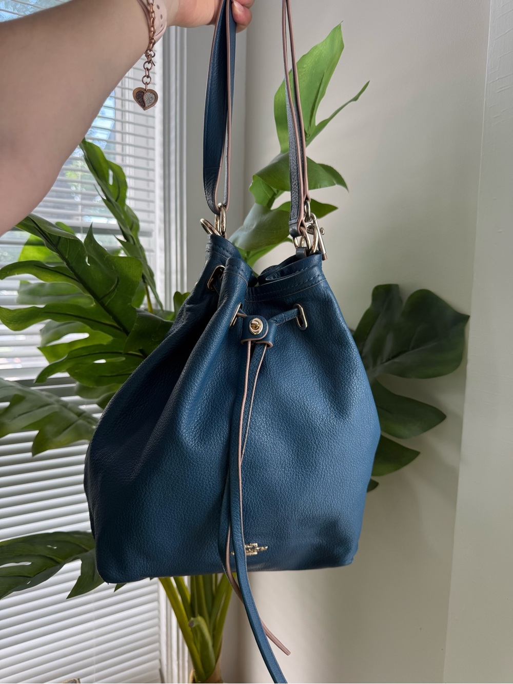 Coach Teal Pebbled Leather Drawstring Shoulder Bag with Tan Trim